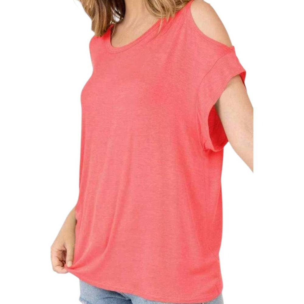 NEW SHOP BASIC cold shoulder rolled short sleeve round neck top with side slits
